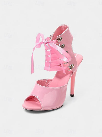 Cutout Women's Sandals Sexy - Patent Stiletto Lace-Up Black