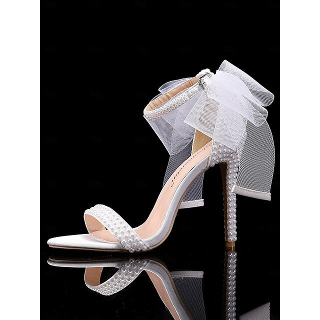 Embellished Heels Bow and Pearl Women's White with Wedding