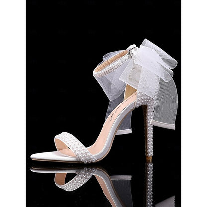 Embellished Heels Bow and Pearl Women's White with Wedding