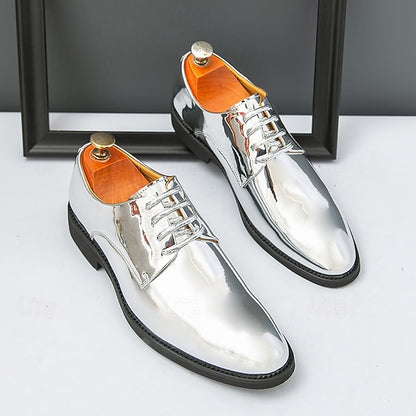 for – Patent Gold Shiny Shoes Leather Men Sleek Lace-Up