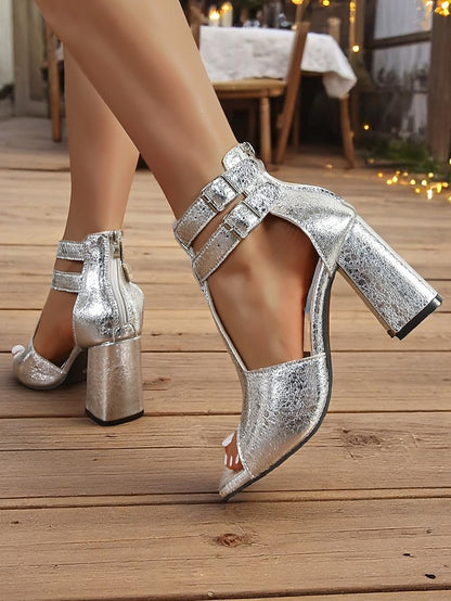 Party Double Shiny Heel Women's - Block Silver Sandals