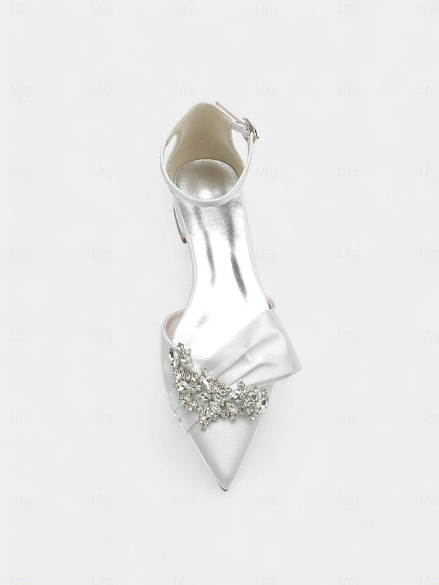 Pointed-Toe White Rhinestone Bow Heels with Ankle Satin and