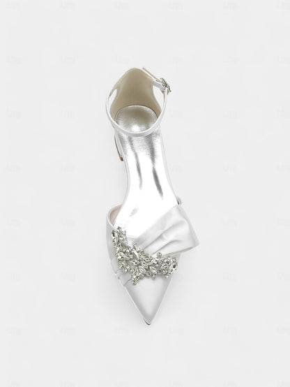 Pointed-Toe White Rhinestone Bow Heels with Ankle Satin and