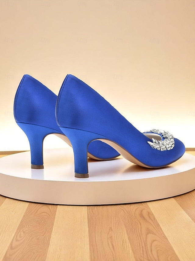 Toe Silver Heels Round Satin Kitten Women's Low - Heel