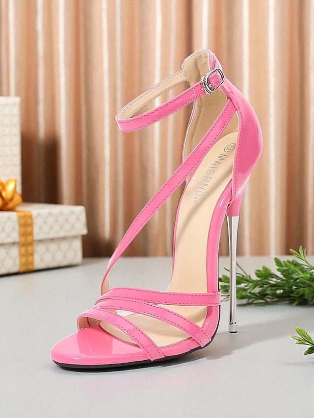 Red Strappy Sandals Heels PU High Women's Stiletto Patent -