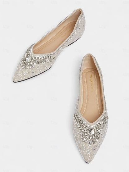 Silver Crystal Women's Pointed Flats Glitter Toe with