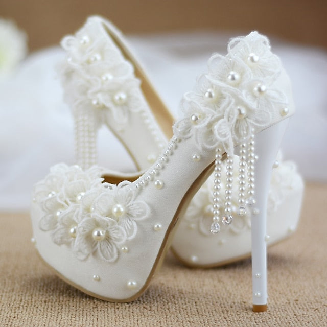 Heels Lace Wedding Platform with Floral Women's White