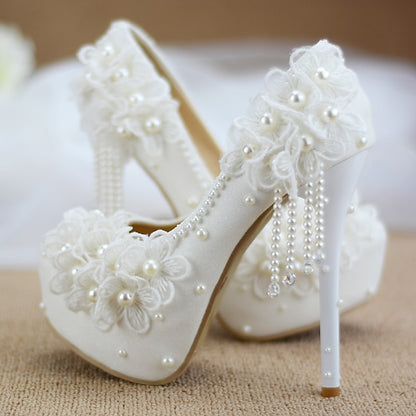 Heels Lace Wedding Platform with Floral Women's White