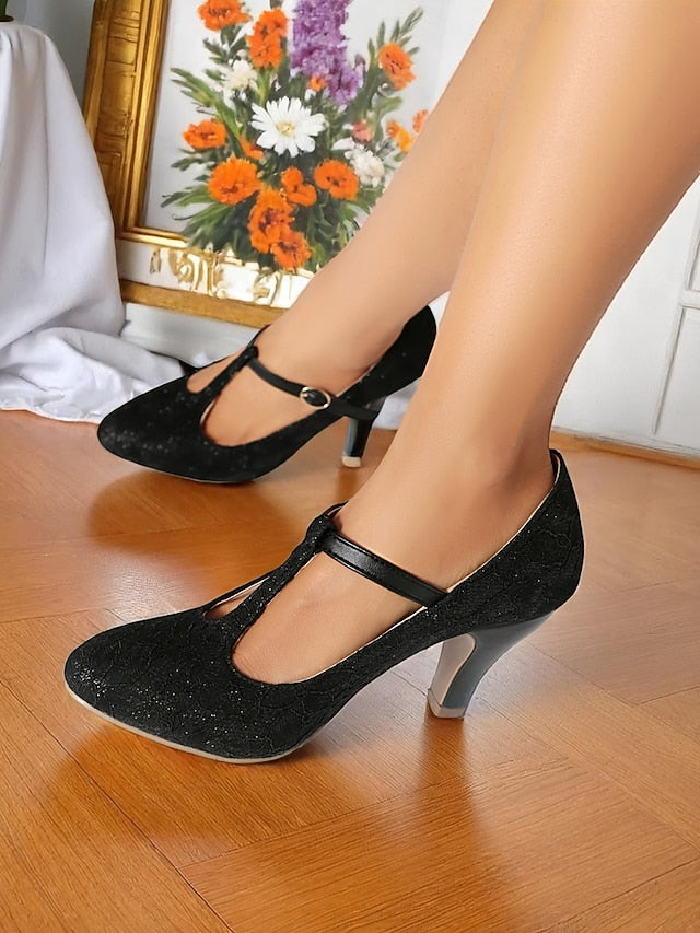 Ivory Heel Women's Pumps-1920s T-Strap Lace Vintage Mid