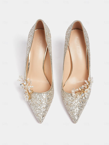 Glitter with Stiletto Silver Floral Heels Women's