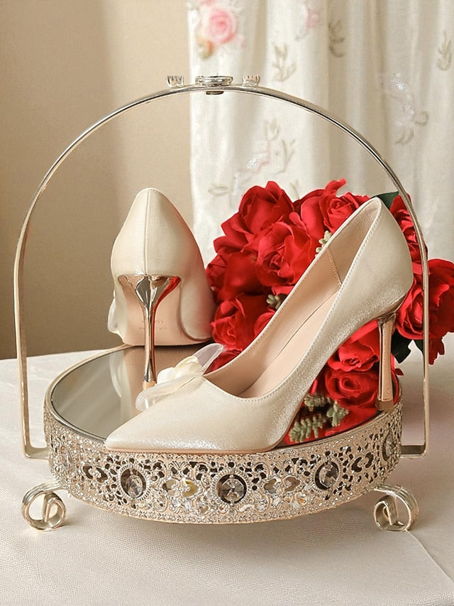 Elegant Satin Pointed Floral - Women's Wedding Ivory Heels