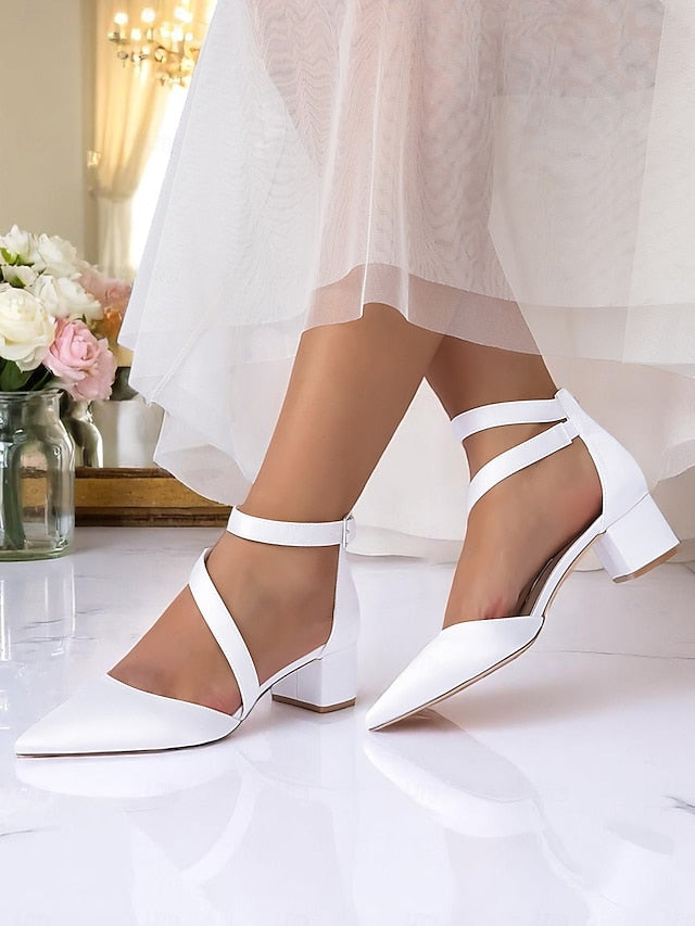 - Champagne Satin Pointed Toe Block Women's Heels