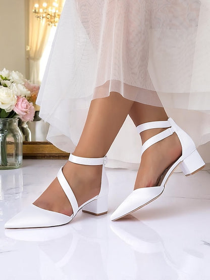 - Champagne Satin Pointed Toe Block Women's Heels
