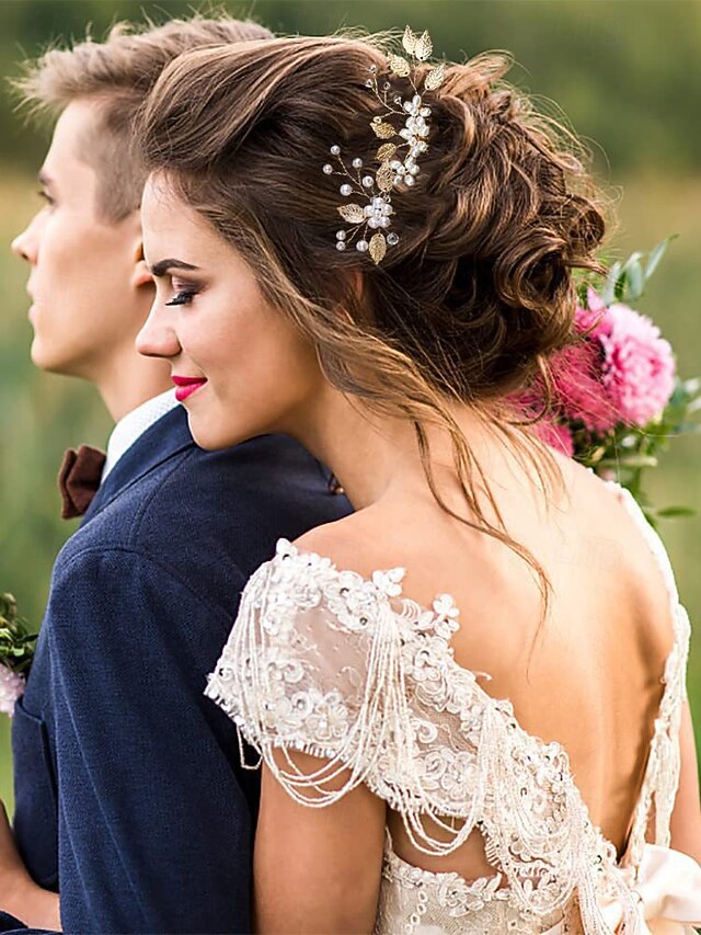 and Accessory Silver Faux Leaf with Set Gold Pearls Hair Bridal