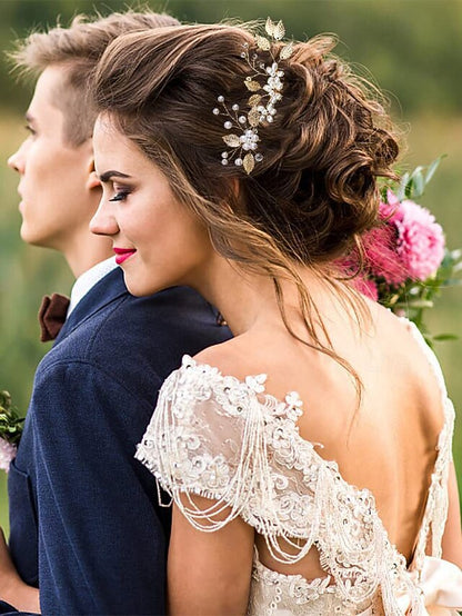 and Accessory Silver Faux Leaf with Set Gold Pearls Hair Bridal