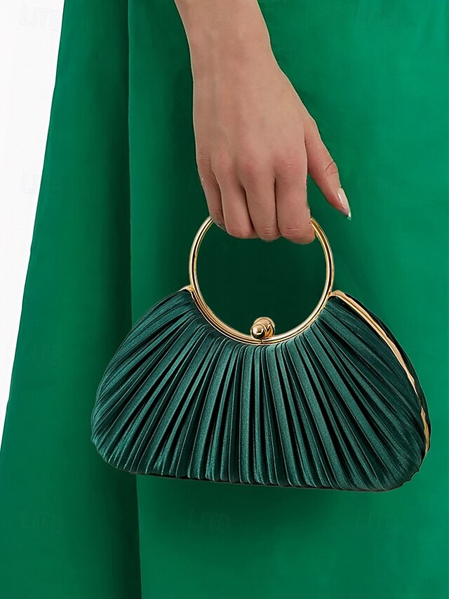 Handle Clutch Green Gold Ring Velvet Pleated Elegant with -