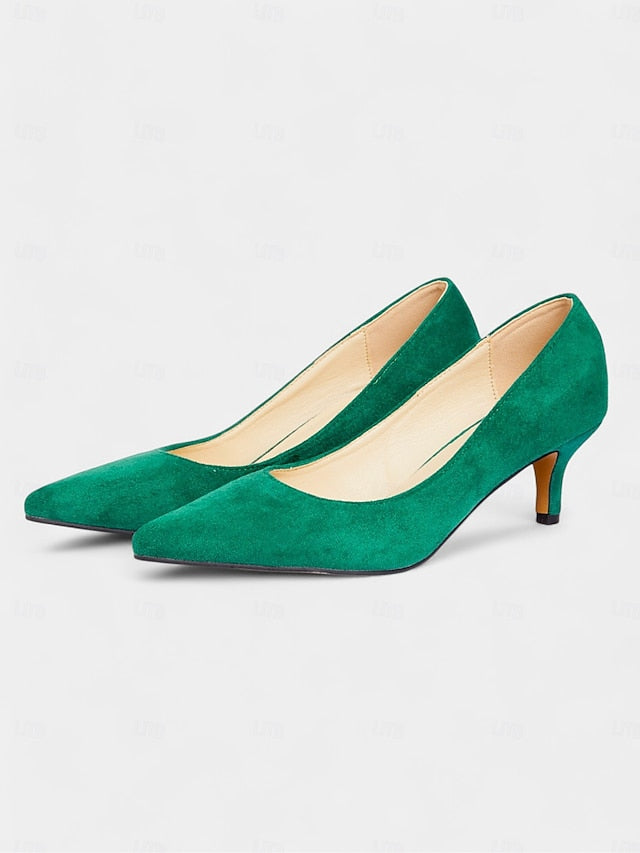 Women's Pumps Kitten Suede with Emerald Green Pointed-Toe