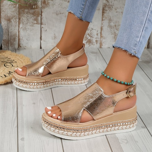 Faux Platform Leather Gold Metallic Espadrille Women's