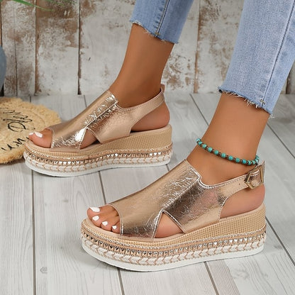 Faux Platform Leather Gold Metallic Espadrille Women's