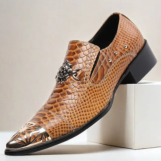 Wholesale SampleMen's Brown Snake Pattern Leather Slip-On Shoes with Metal