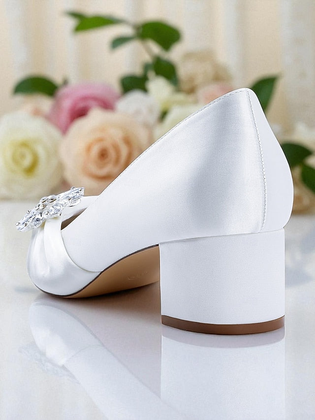 Women's Crystal Heel Pumps Block Low with White