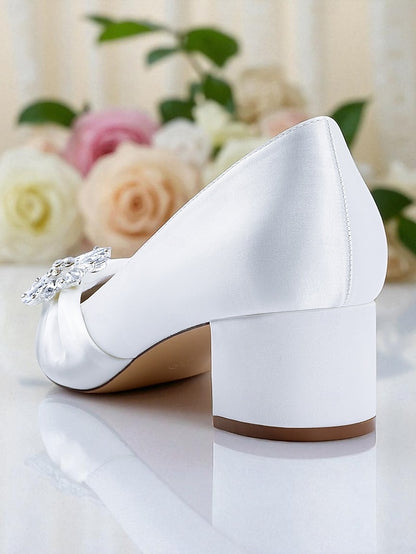 Women's Crystal Heel Pumps Block Low with White