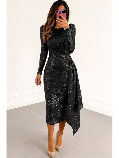 Elegant Red Sequined Dresses Black Formal Dress Column Cocktail