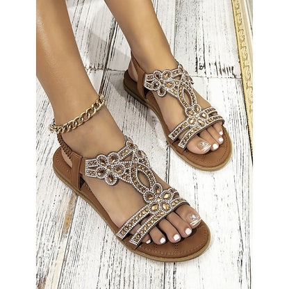 T-Strap Rhinestone Sandals Boho – Flat Women's Silver