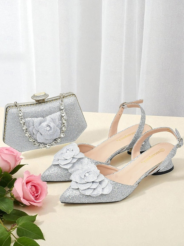 Heels Slingback and Women's Glitter Clutch Evening Matching
