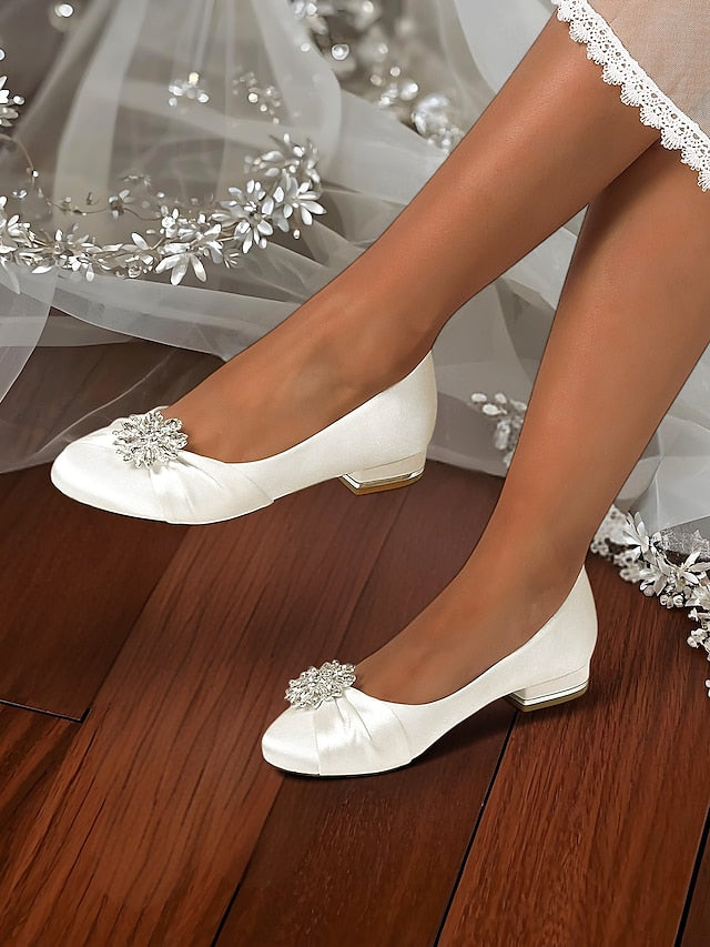 Elegant Wedding White Crystal Satin Flats Women's –