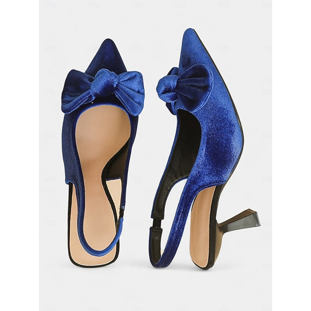with Toe Blue Women's Velvet Heels Pointed Slingback Bow