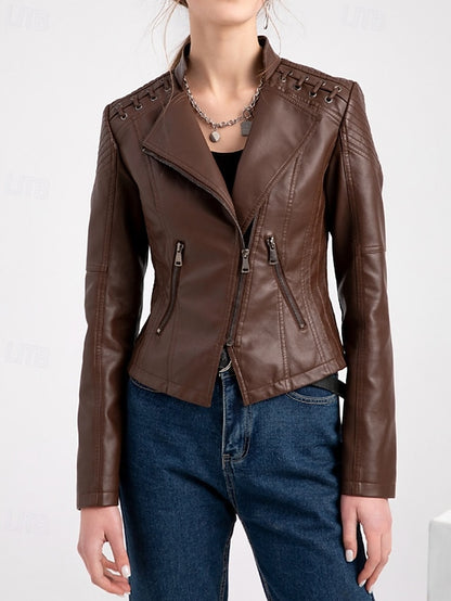 Leather Jacket Women's Zipper Faux Comfortable Pocket