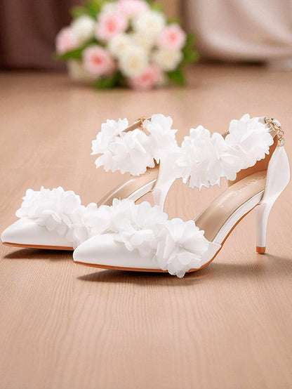 - Strap Elegant Women's White Pointed Ankle Floral Heels
