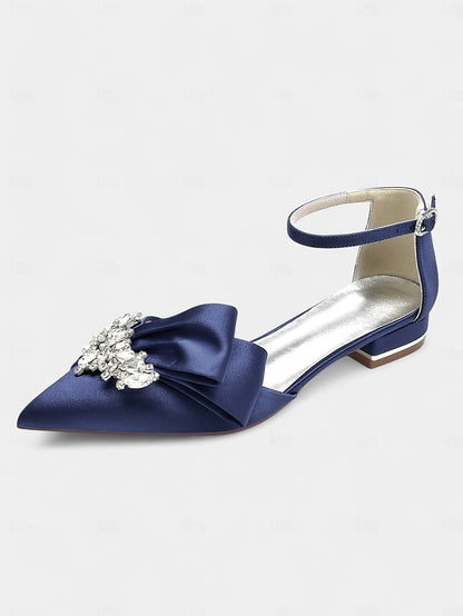 Pointed-Toe White Rhinestone Bow Heels with Ankle Satin and