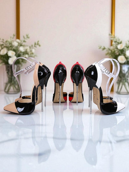 Black and Stiletto Red Leather Women's Toe Patent Pointed