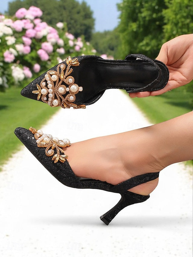 Black with Women's - Slingback Heels Detailing Pearl Satin