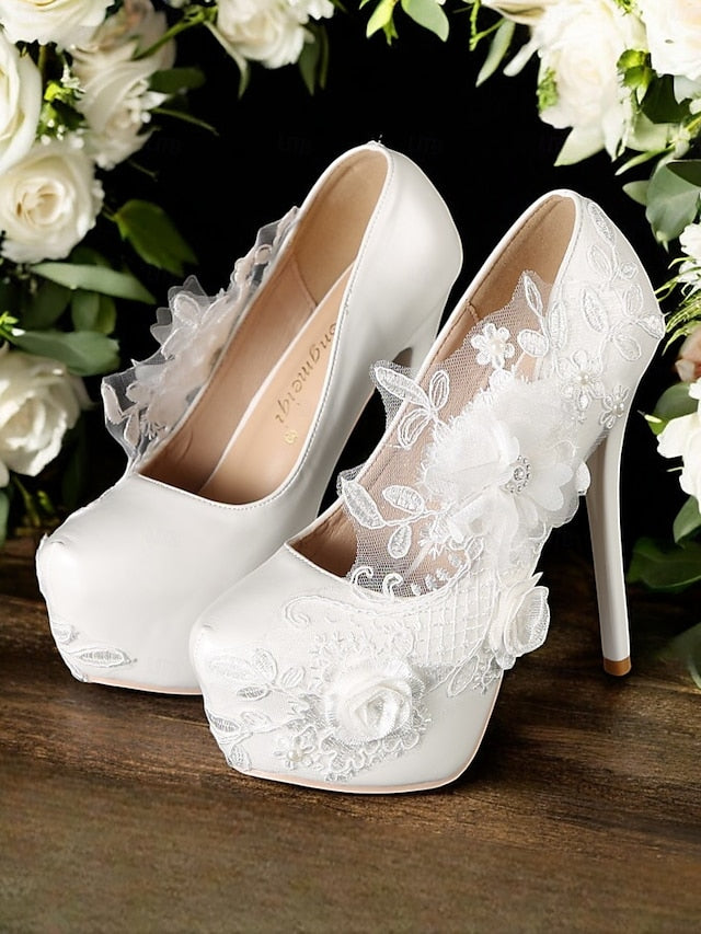 White Wedding Shoes Floral with Embellishments Lace