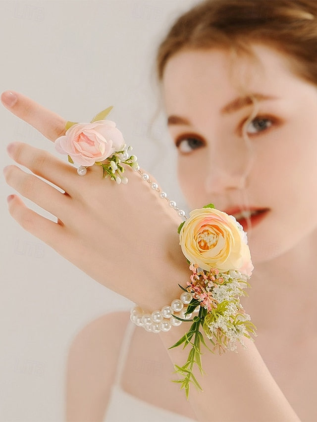 Elegant White – Hand Set Jewelry with Floral Pearls Wrist and