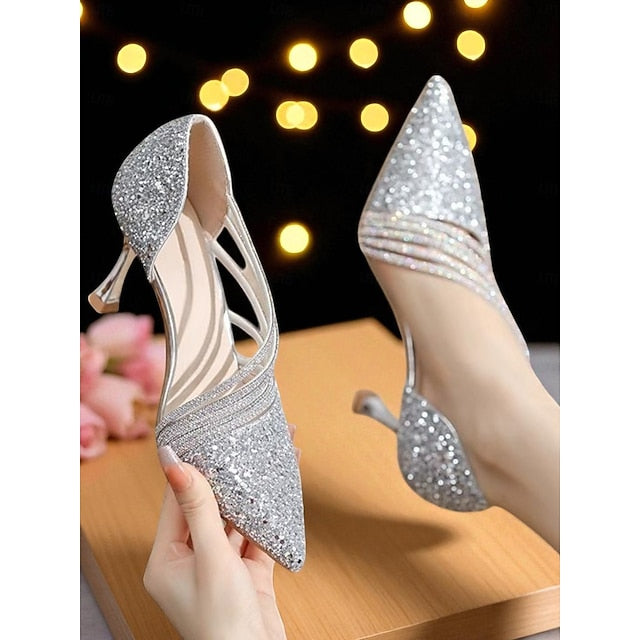 Glitter Pointed Toe - Women's High Heels Strappy Gold
