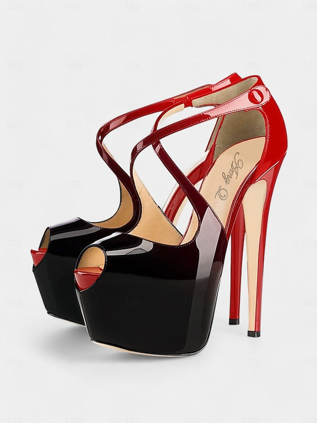 and Stiletto Cross with Platform Black Leather Patent Red Heels