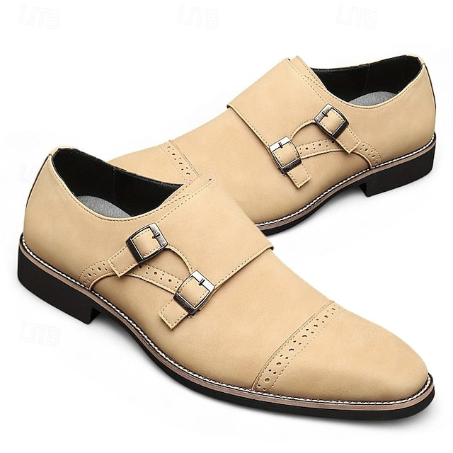 Double Beige Men's Leather Faux Monk with Strap Shoes