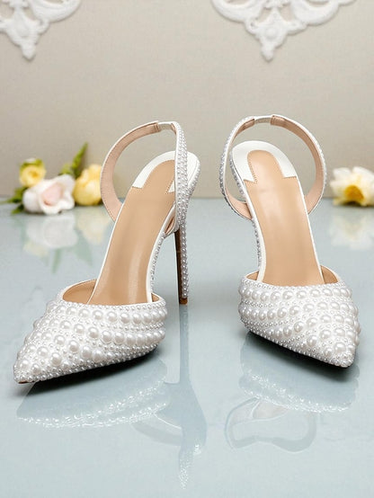 Women's Heels White Pearl-Embellished Leather Slingback -