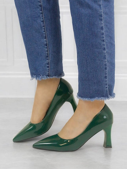 Leather Block Heel Glossy Pointed-Toe Pumps Green Patent Faux