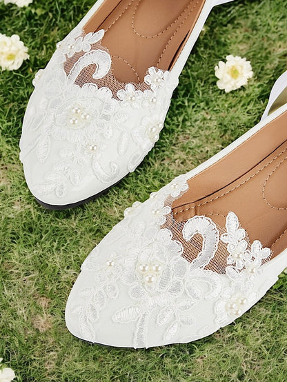 Flats Shoes Elegant Bridal with Lace - White Ties Ribbon Wedding