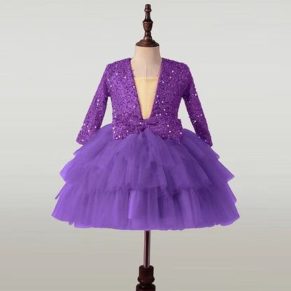 Sleeve Girls' Party Kids Sequin Long Performance Dress