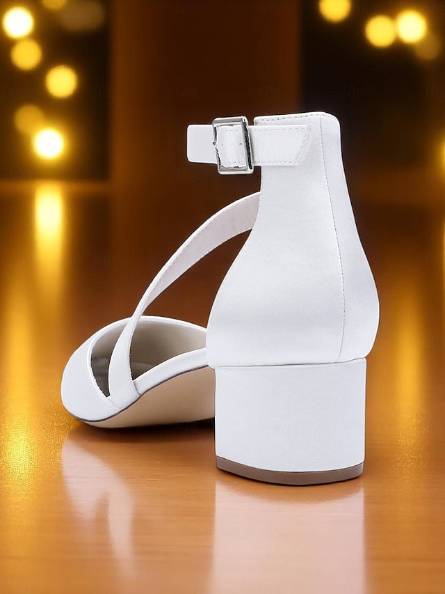 - Champagne Satin Pointed Toe Block Women's Heels