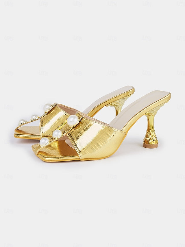 – Gold Elegant Pearl with for Mules Open-Toe Detailing Women