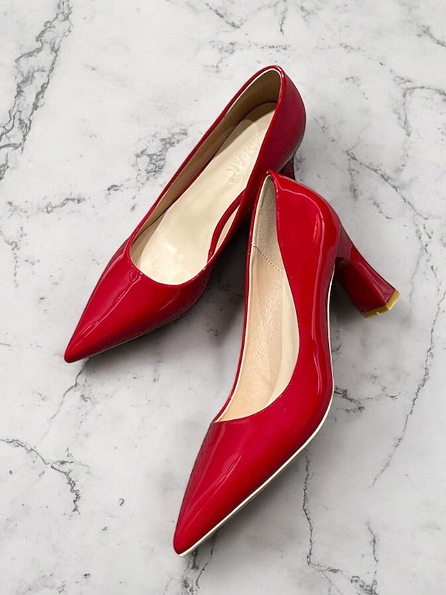 Leather Block Heel Glossy Pointed-Toe Pumps Green Patent Faux