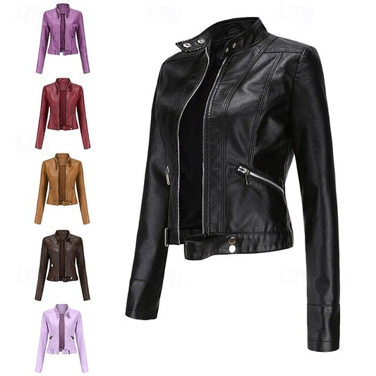 Zipper Women's Pocket Faux Comfortable Leather Jacket