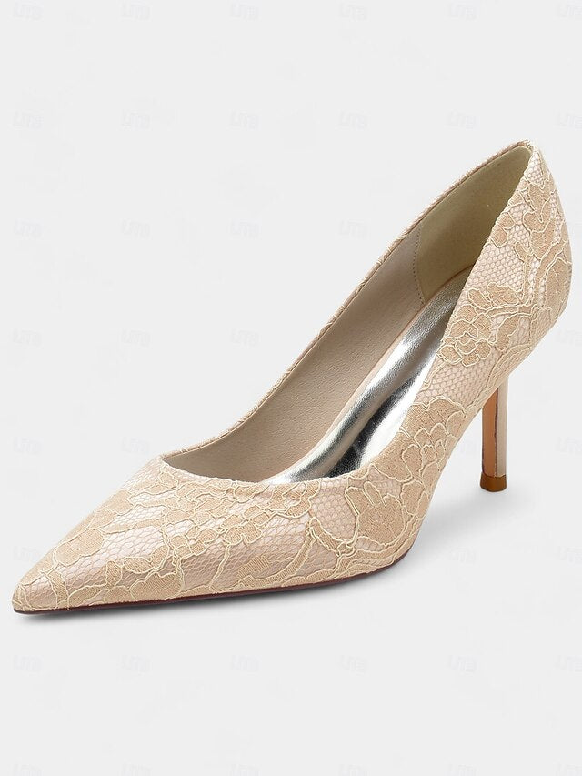 Heels Pointed-Toe - Women's Lace-Embroidered Stiletto